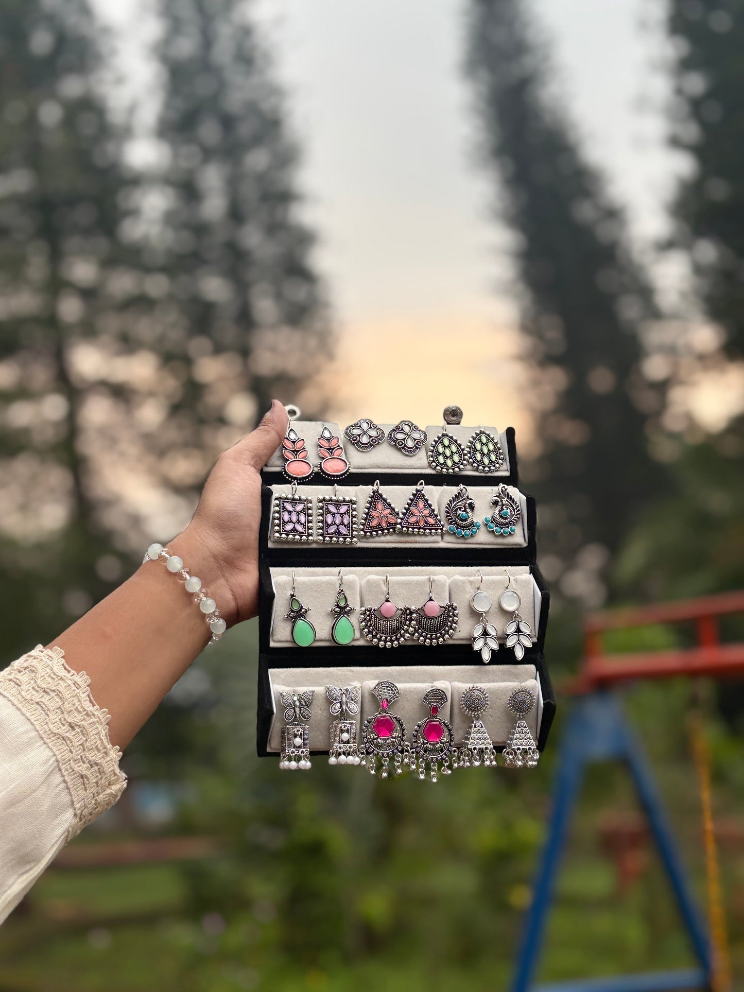 Earzora™ 12-Pair Oxidised Earrings Set With Free Adjustable Alloy Ring