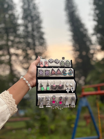 Earzora™ 12-Pair Oxidised Earrings Set With Free Adjustable Alloy Ring