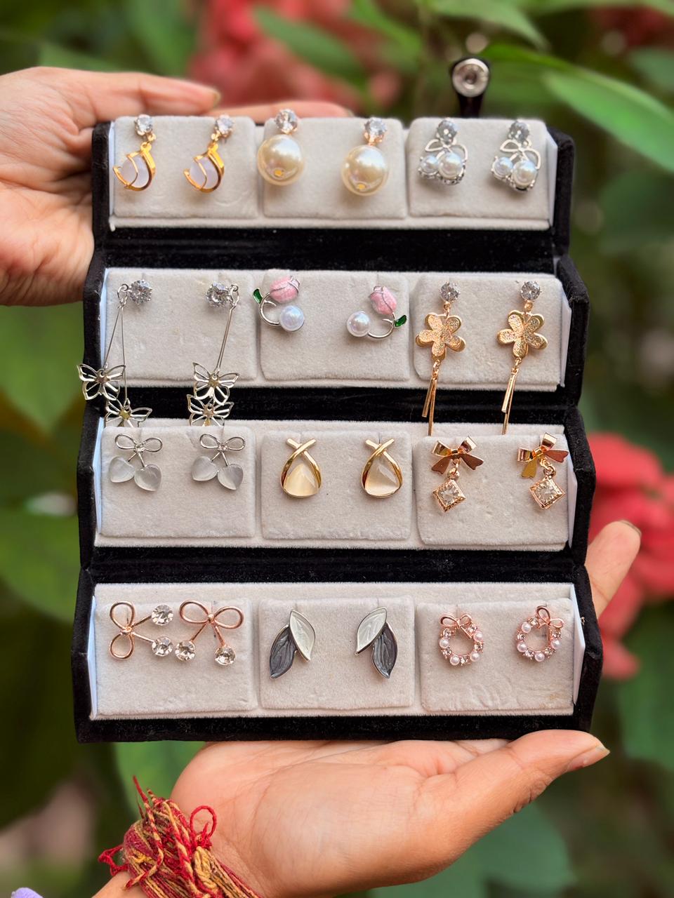 Earzora™ 12-Pair Oxidised Earrings Set With Free Adjustable Alloy Ring