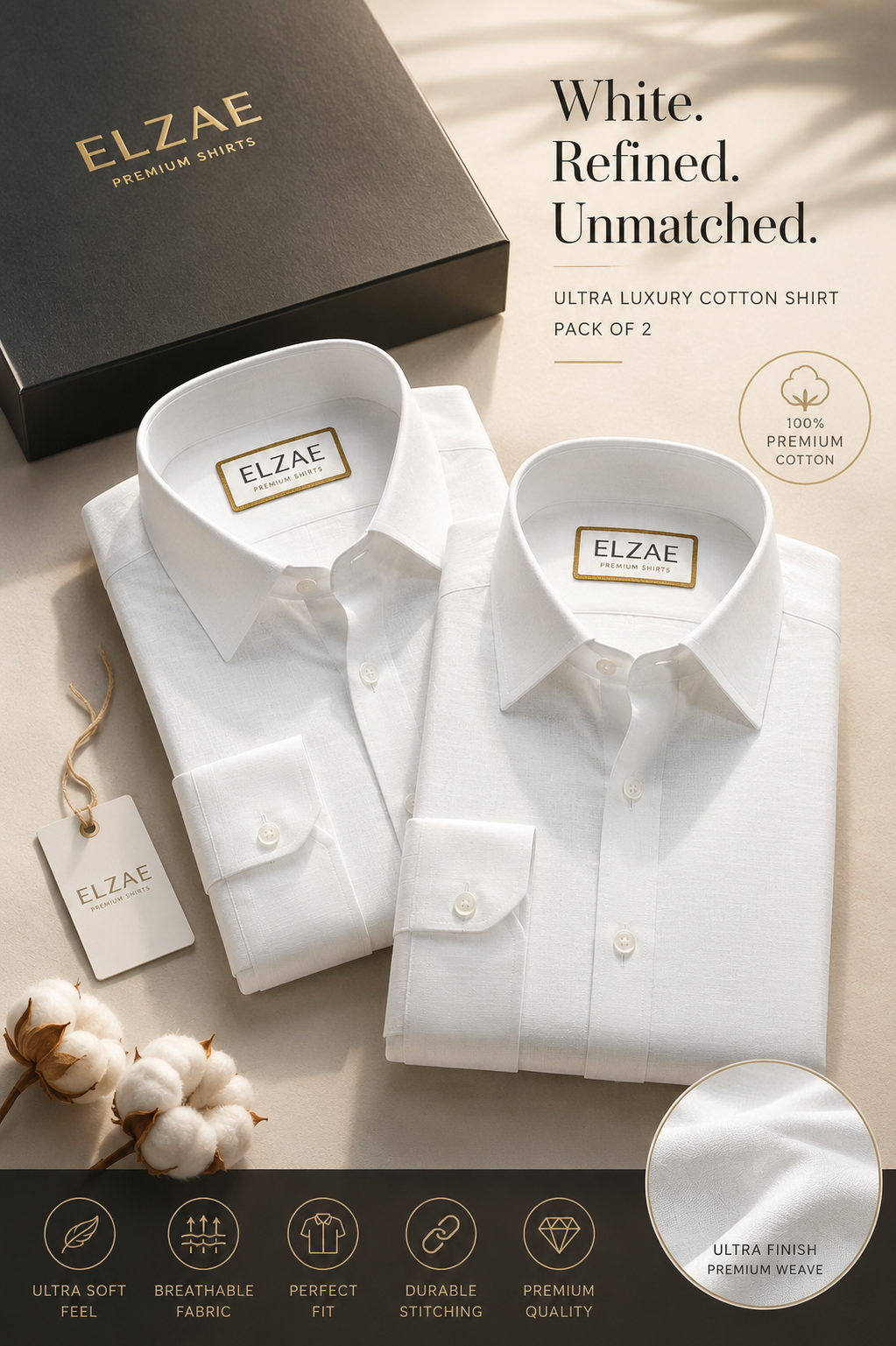 White Monarch™ Luxury Cotton Shirt | Elite Pack Of 2