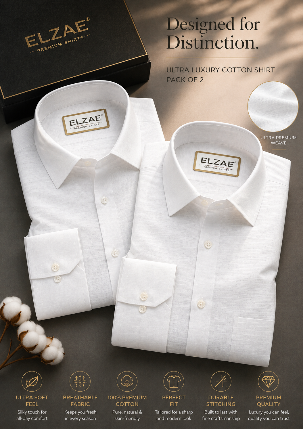 White Monarch™ Luxury Cotton Shirt | Elite Pack Of 2